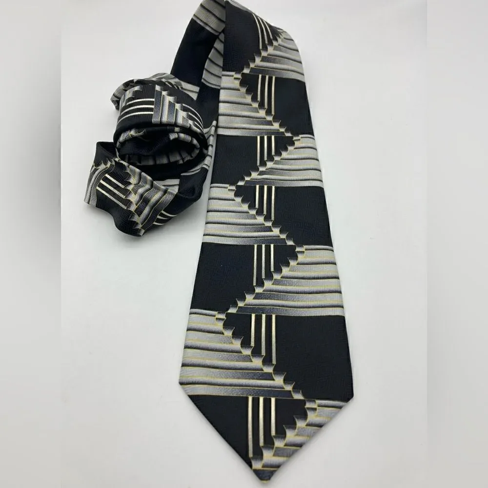 Fratello Hand Made Geometric Print Tie Black Grey Color